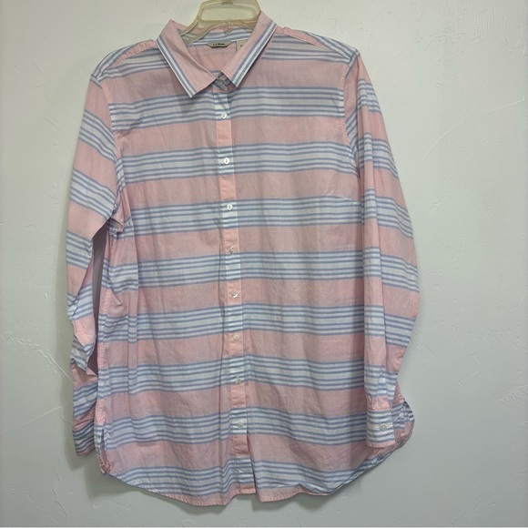 LL Bean Women's XL Striped Button Front Cotton Long Sleeve Shirt Pink Blue - Picture 1 of 6